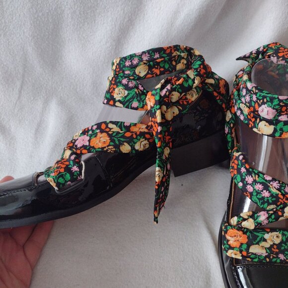 Ganni Lilou Patent Leather Floral Wrap Ballet Flats 40 NEW Black Loafers 9.5 - Picture 9 of 12